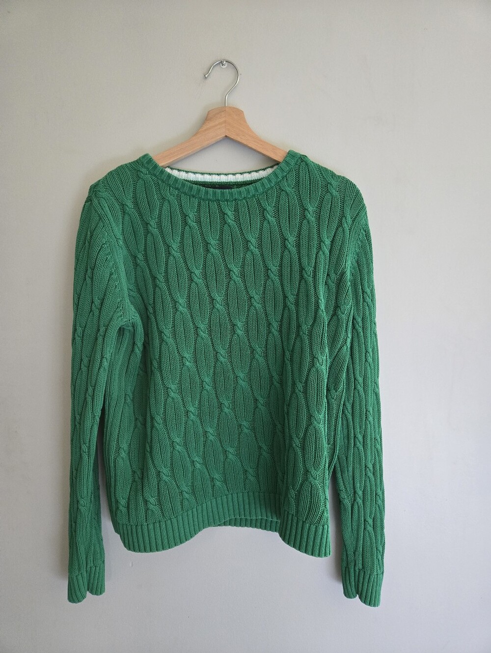 Lands' End Drifter Womens L 14-16 Emerald Green Cotton Cable Knit Sweater Preppy